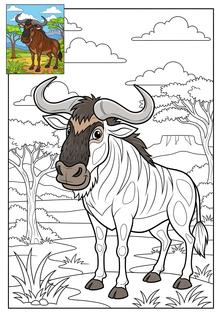 advanced animals Savanna & Grassland wildebeest2 kids coloring page 0