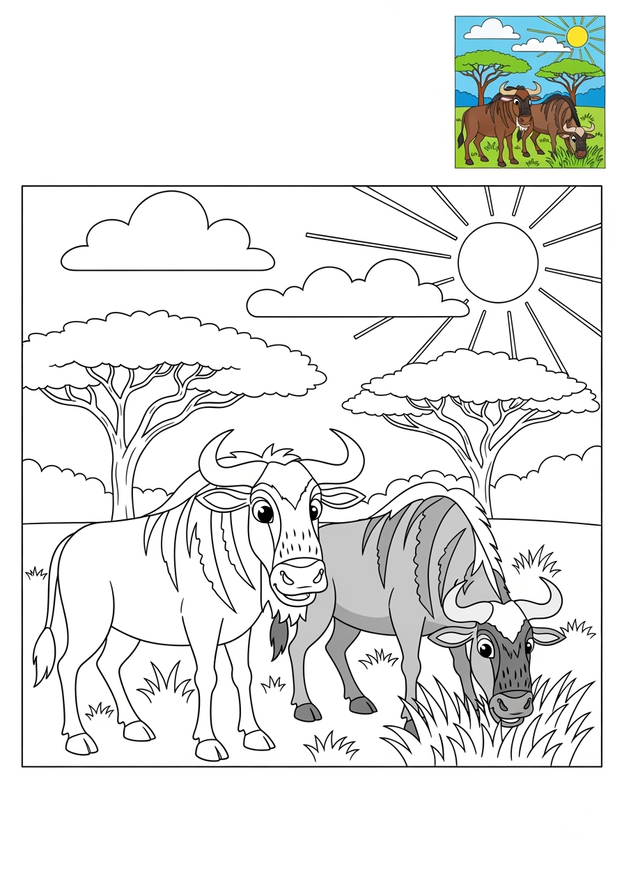 advanced animals Savanna & Grassland wildebeest2 kids coloring page 1