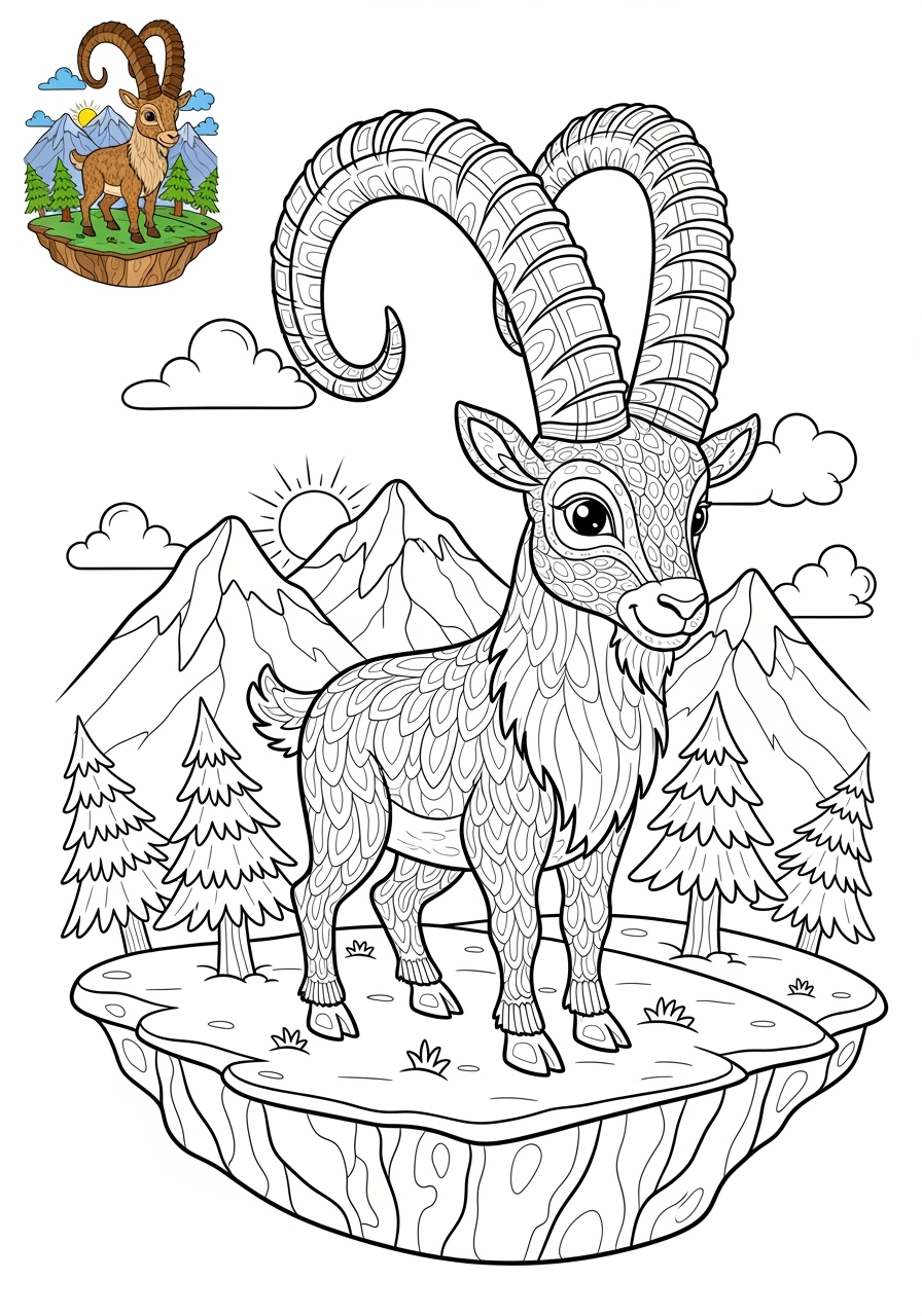 advanced animals Mountain & Alpine ibex kids coloring page 0