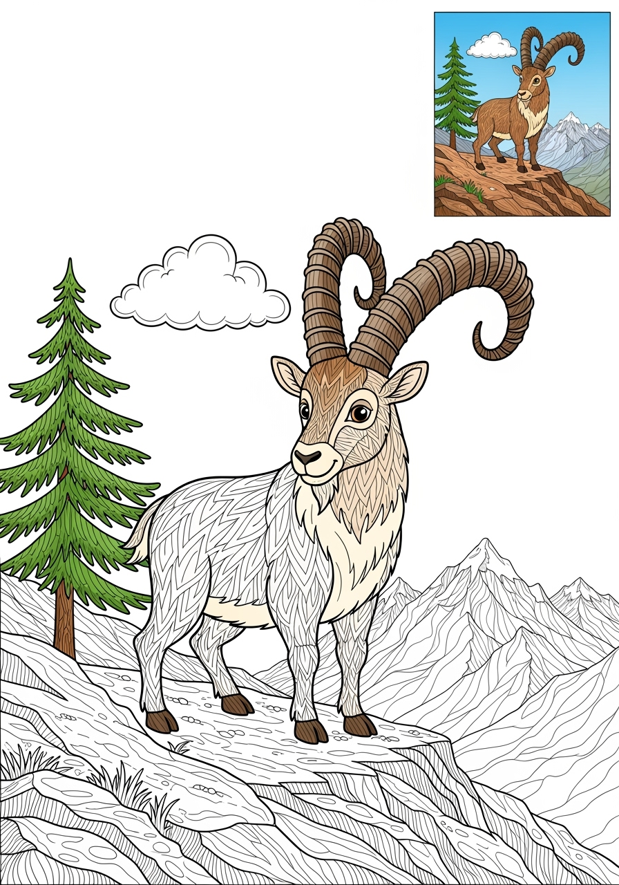advanced animals Mountain & Alpine ibex kids coloring page 1