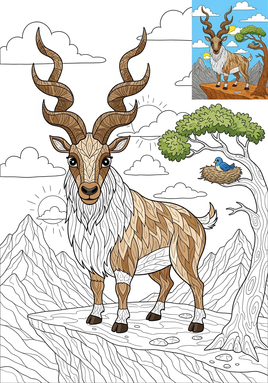 advanced animals Mountain & Alpine markhor kids coloring page 1