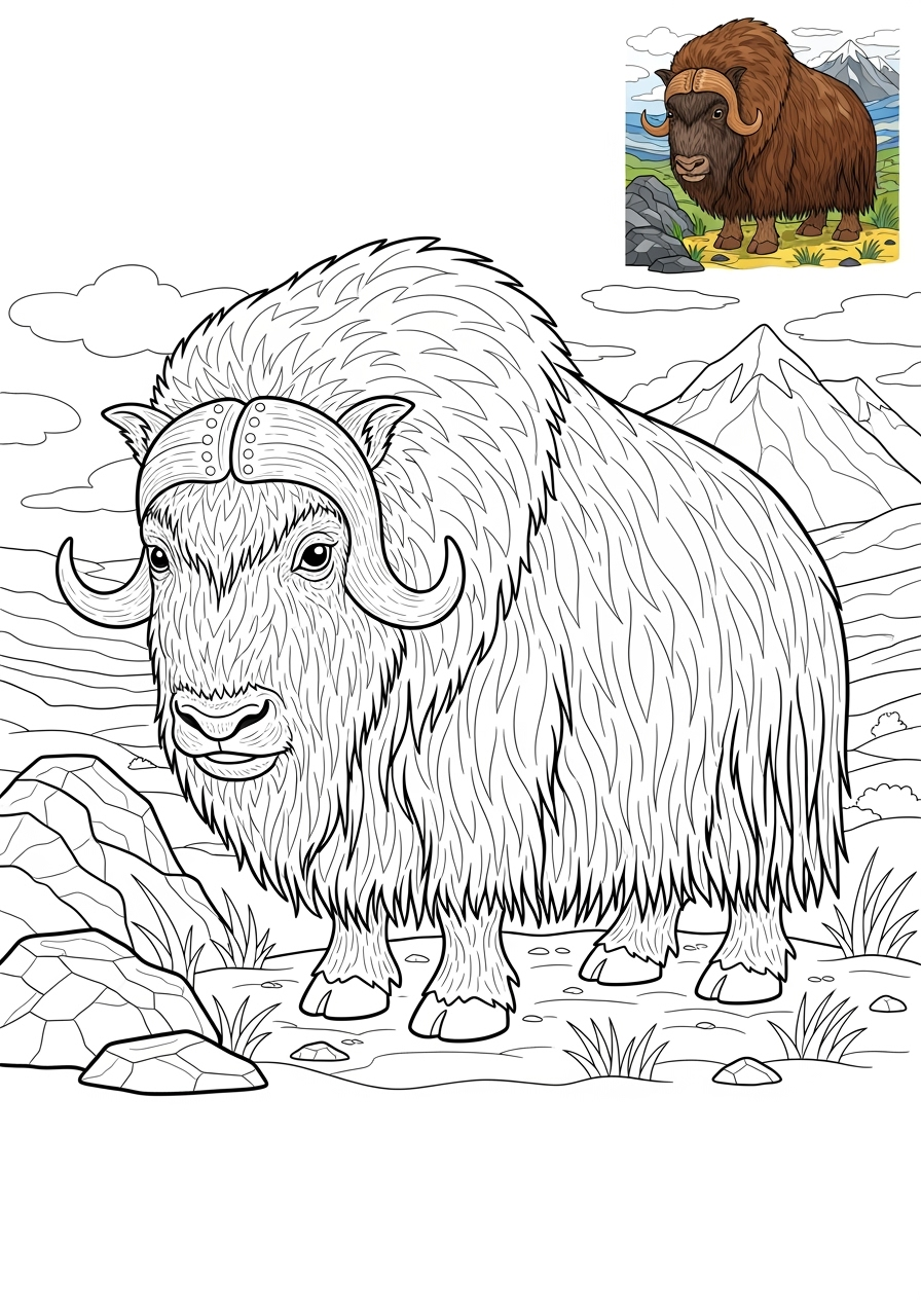advanced animals Mountain & Alpine musk ox kids coloring page 0