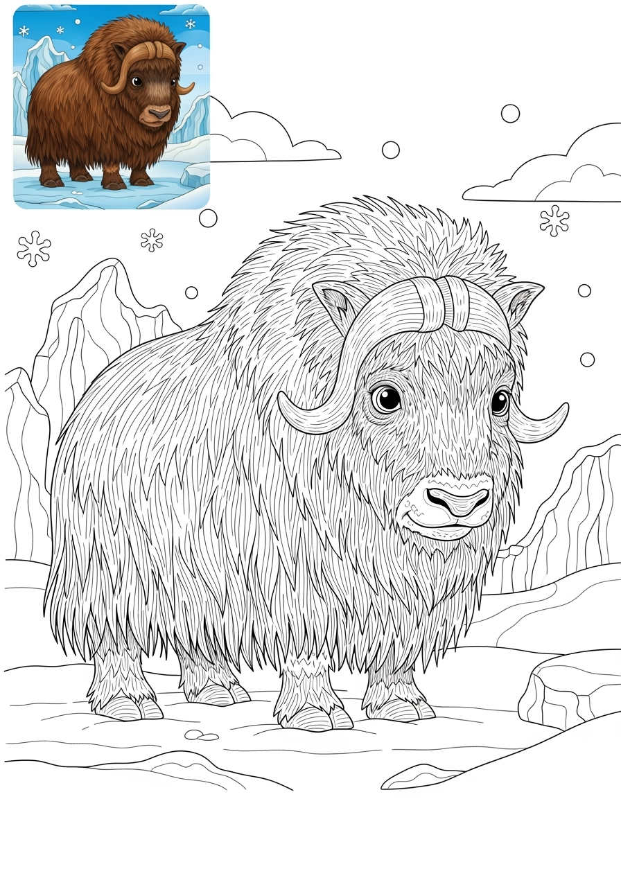 advanced animals Mountain & Alpine musk ox kids coloring page 1