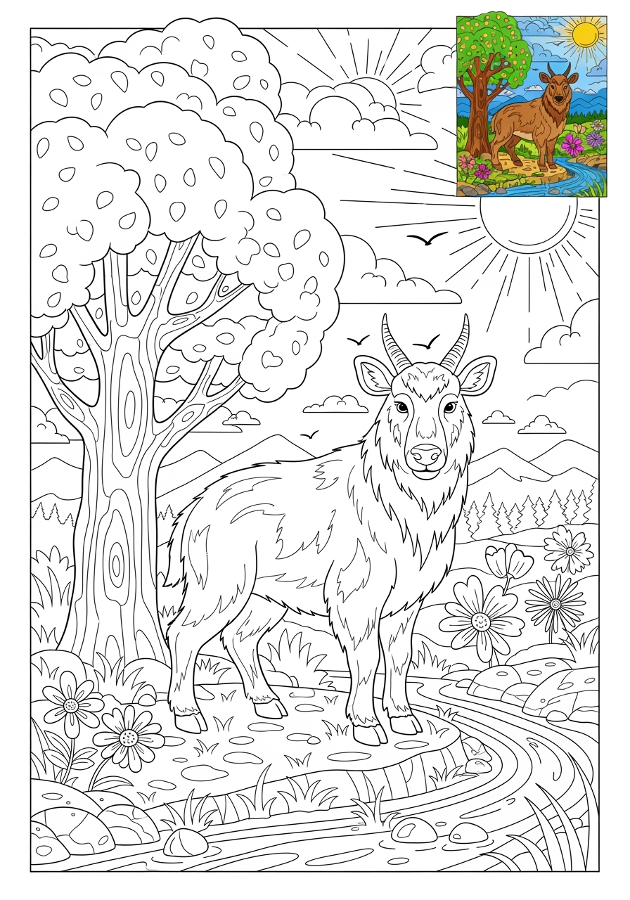 advanced animals Mountain & Alpine serow kids coloring page 0