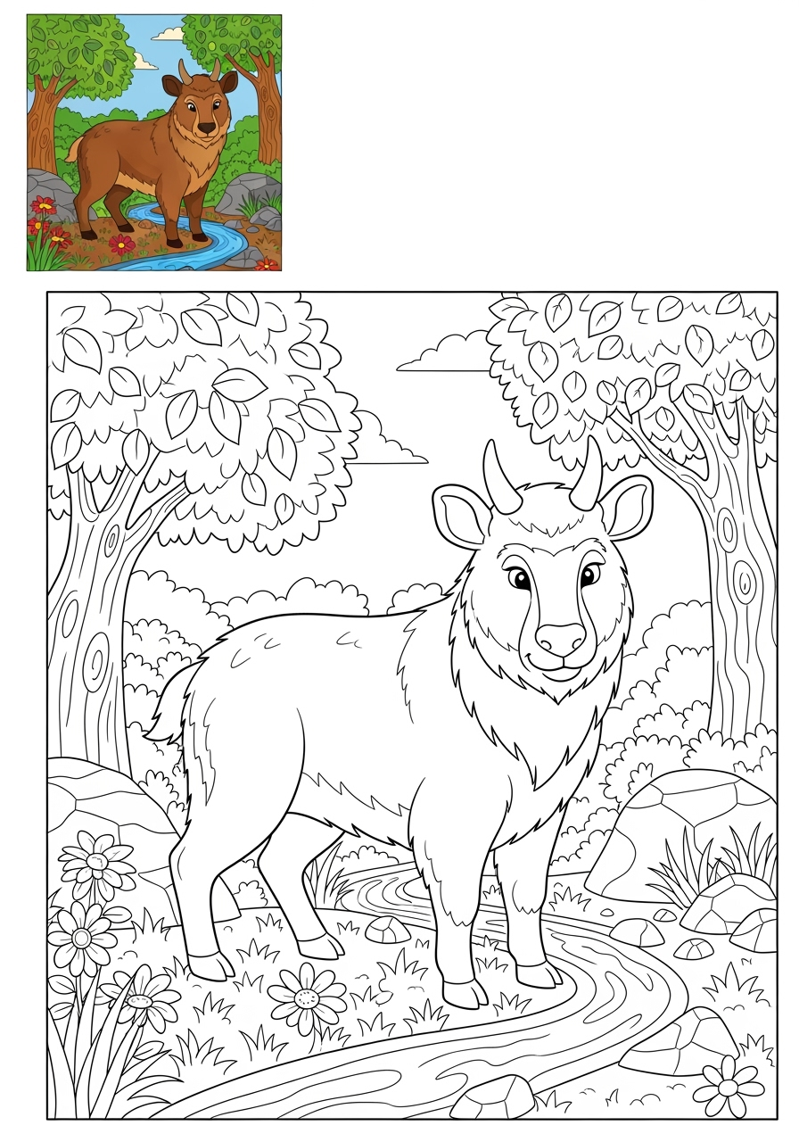 advanced animals Mountain & Alpine serow kids coloring page 1