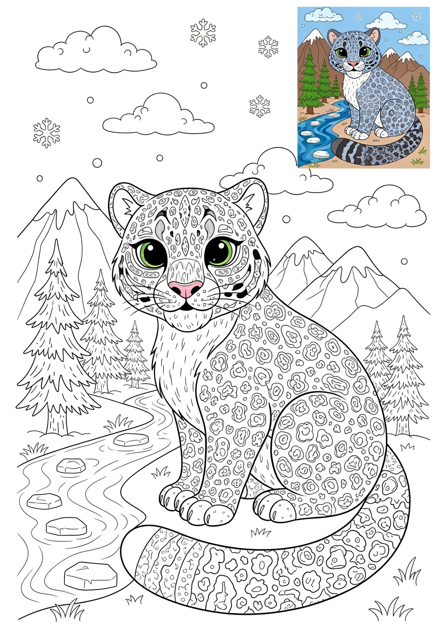 advanced animals Mountain & Alpine snow leopard kids coloring page 1