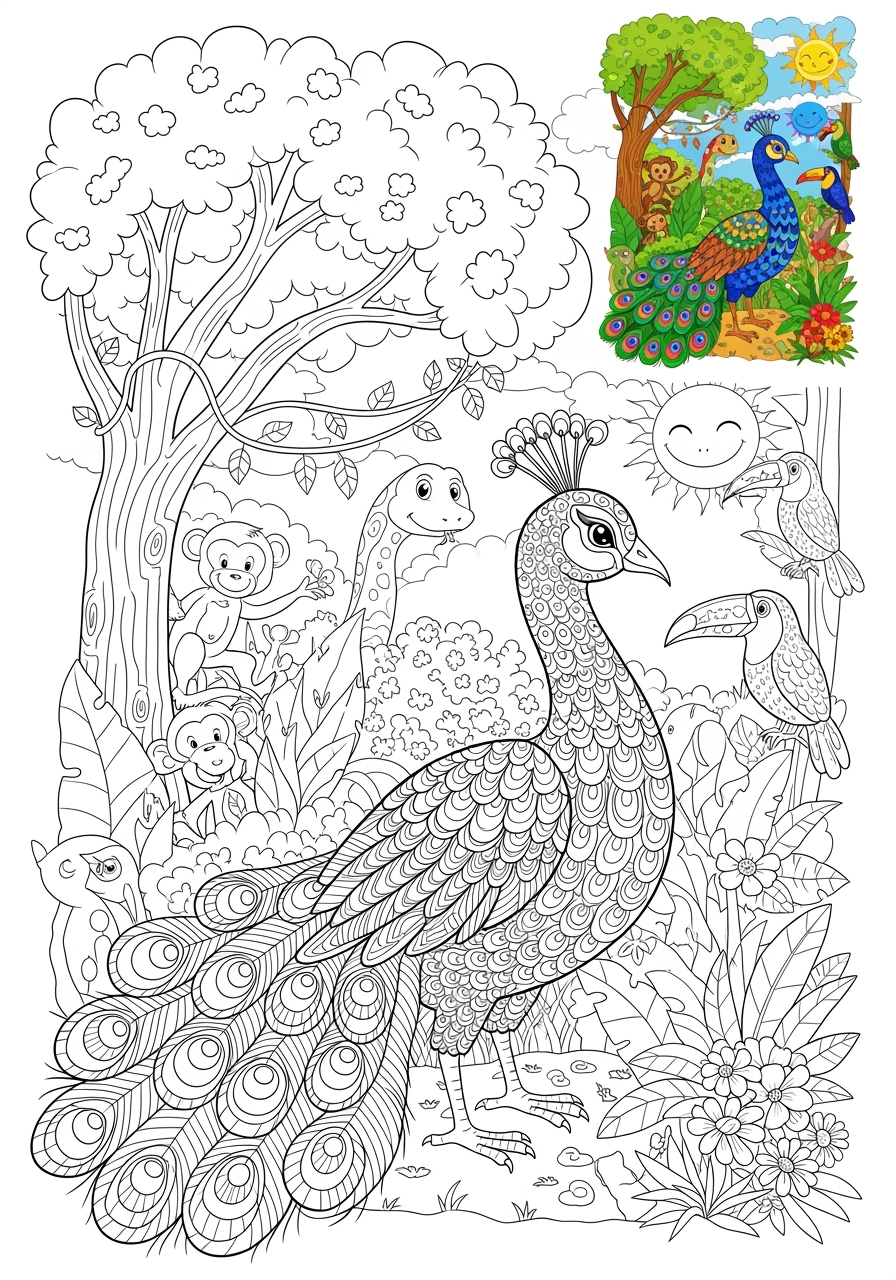 advanced animals Birds peacock kids coloring page 0