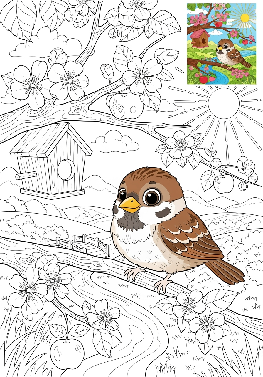 advanced animals Birds sparrow kids coloring page 1