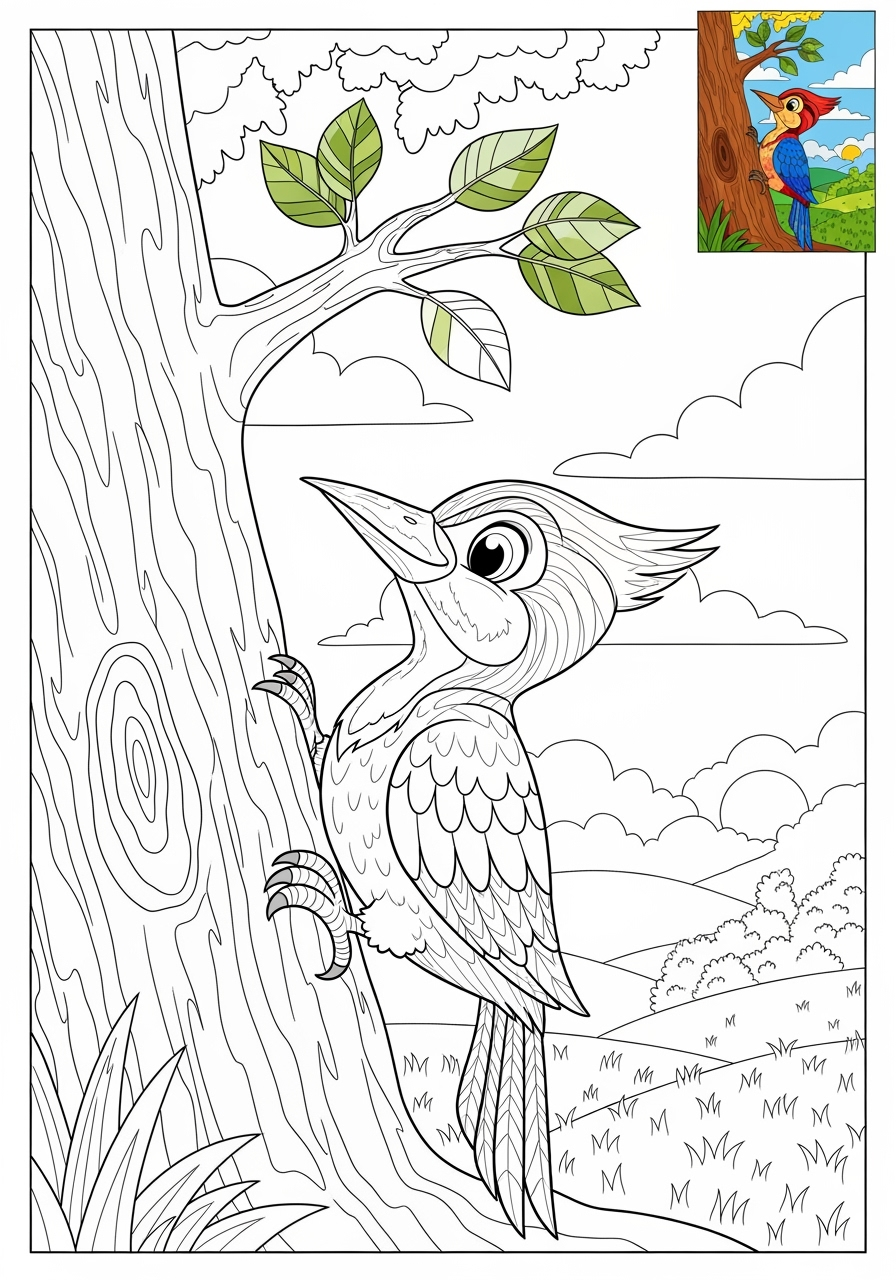 advanced animals Birds woodpecker kids coloring page 1