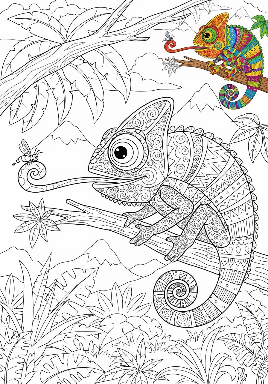 advanced animals Reptiles & Amphibians chameleon kids coloring page 1
