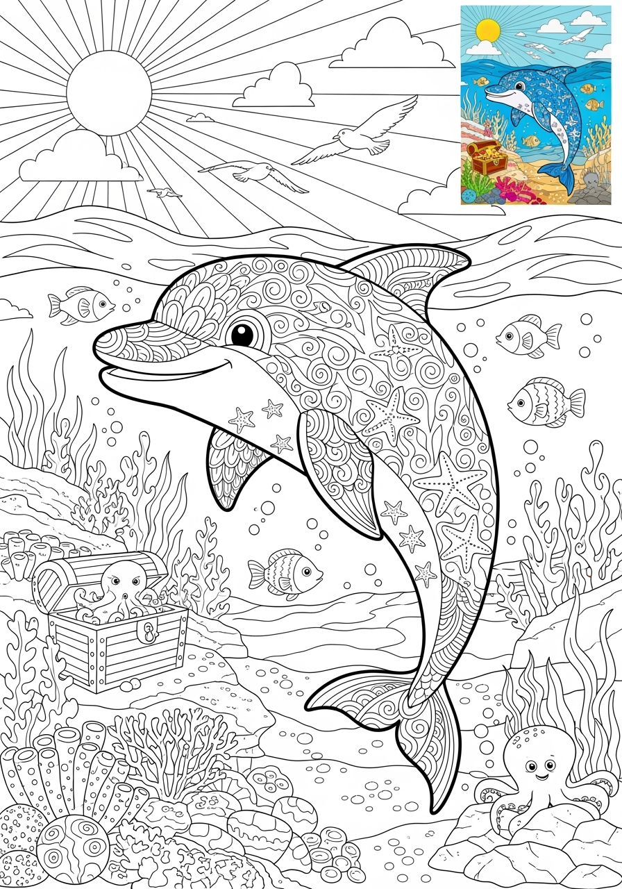 advanced animals Meerestiere (Fische & Säugetiere) dolphin kids coloring page 0