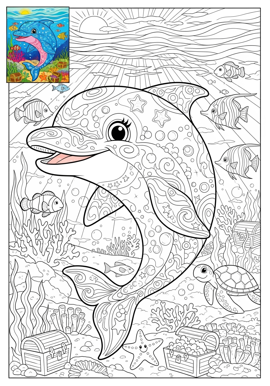 advanced animals Meerestiere (Fische & Säugetiere) dolphin kids coloring page 1