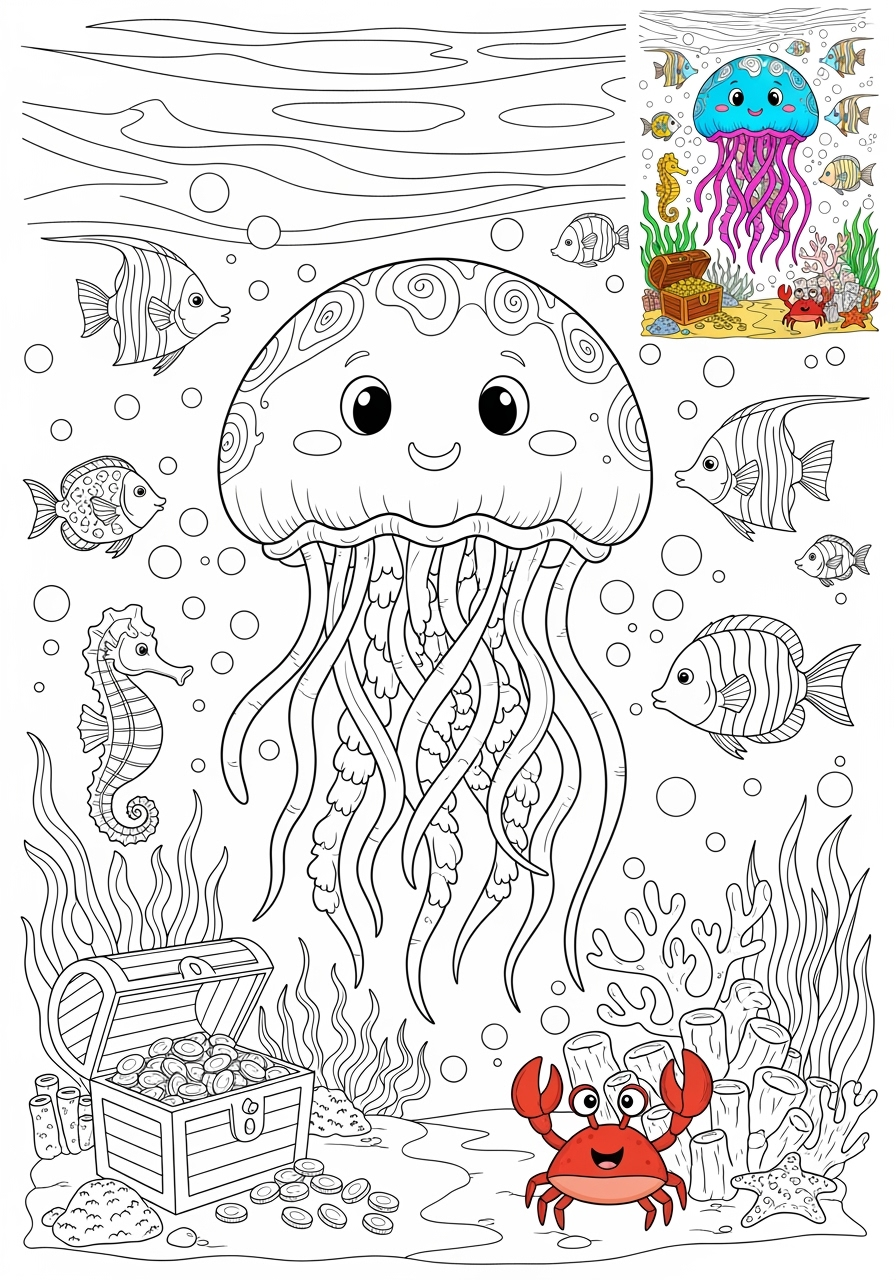 advanced animals Meerestiere (Fische & Säugetiere) jellyfish kids coloring page 1