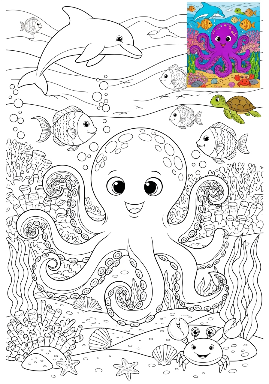 advanced animals Meerestiere (Fische & Säugetiere) octopus kids coloring page 0