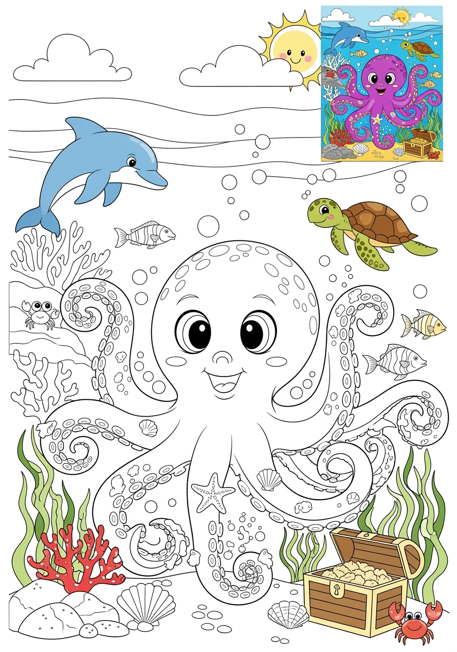 advanced animals Meerestiere (Fische & Säugetiere) octopus kids coloring page 1