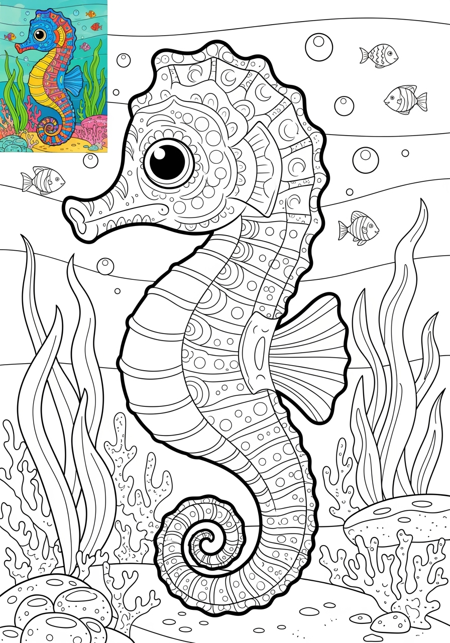 advanced animals Meerestiere (Fische & Säugetiere) seahorse kids coloring page 0