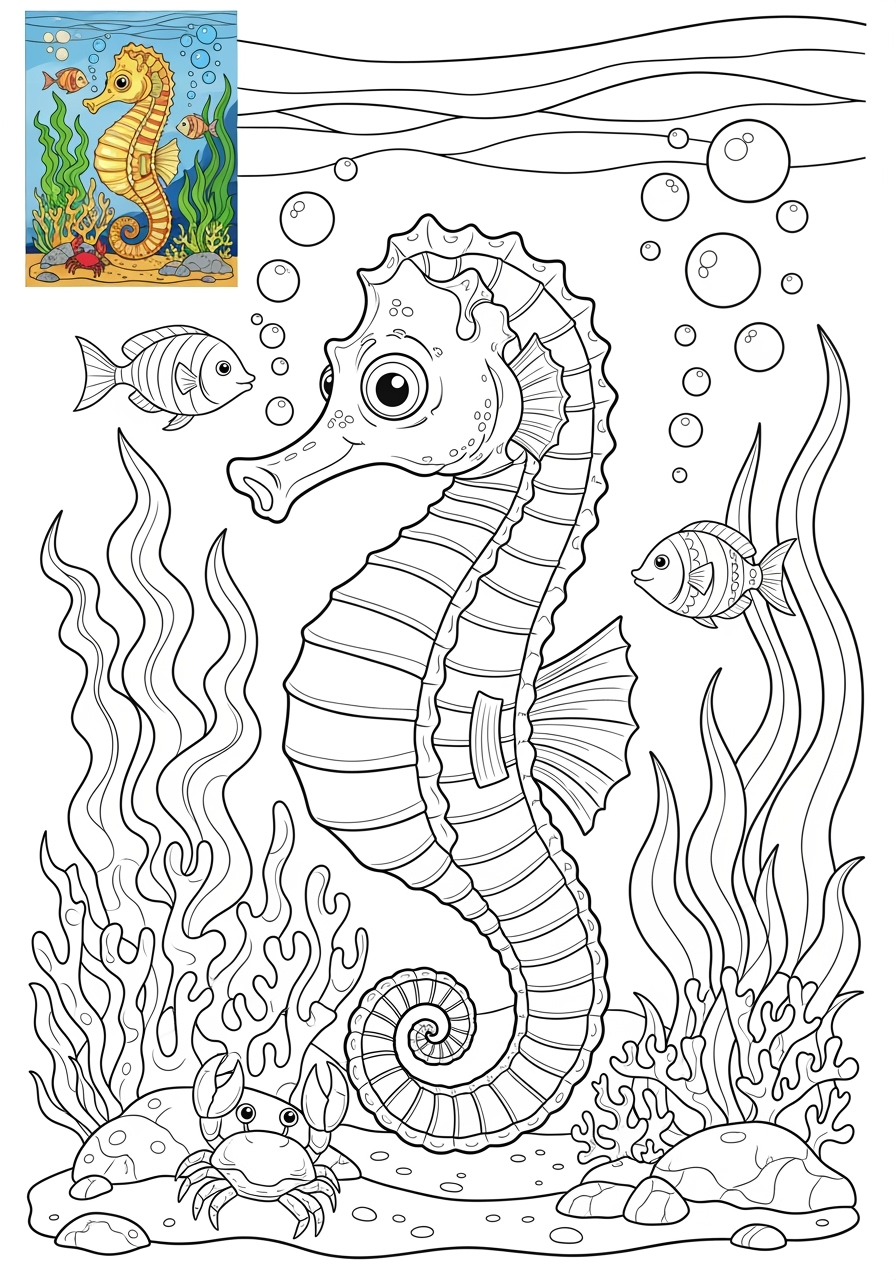 advanced animals Meerestiere (Fische & Säugetiere) seahorse kids coloring page 1