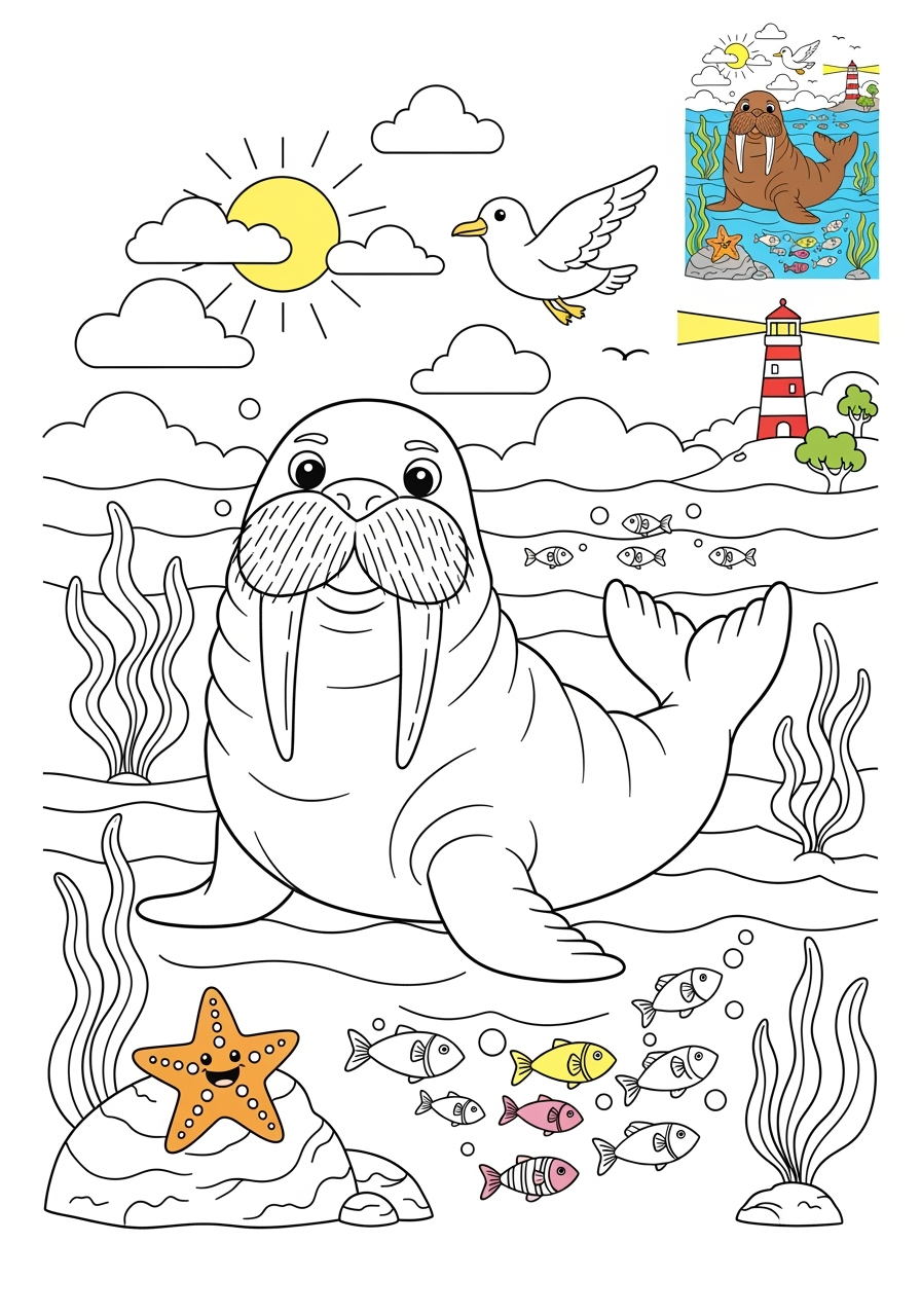 advanced animals Meerestiere (Fische & Säugetiere) walrus kids coloring page 1