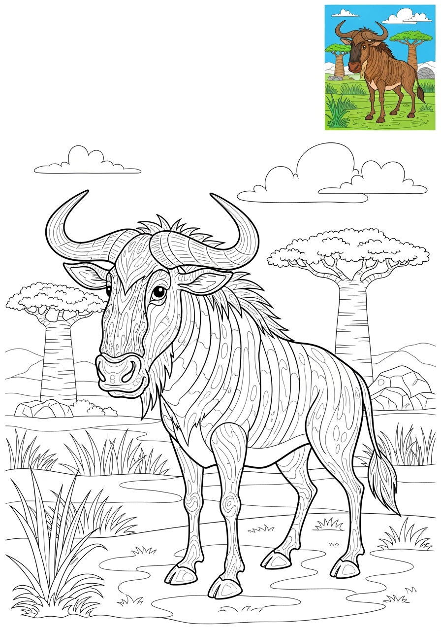 advanced animals 아프리카 야생동물 wildbeest kids coloring page 0