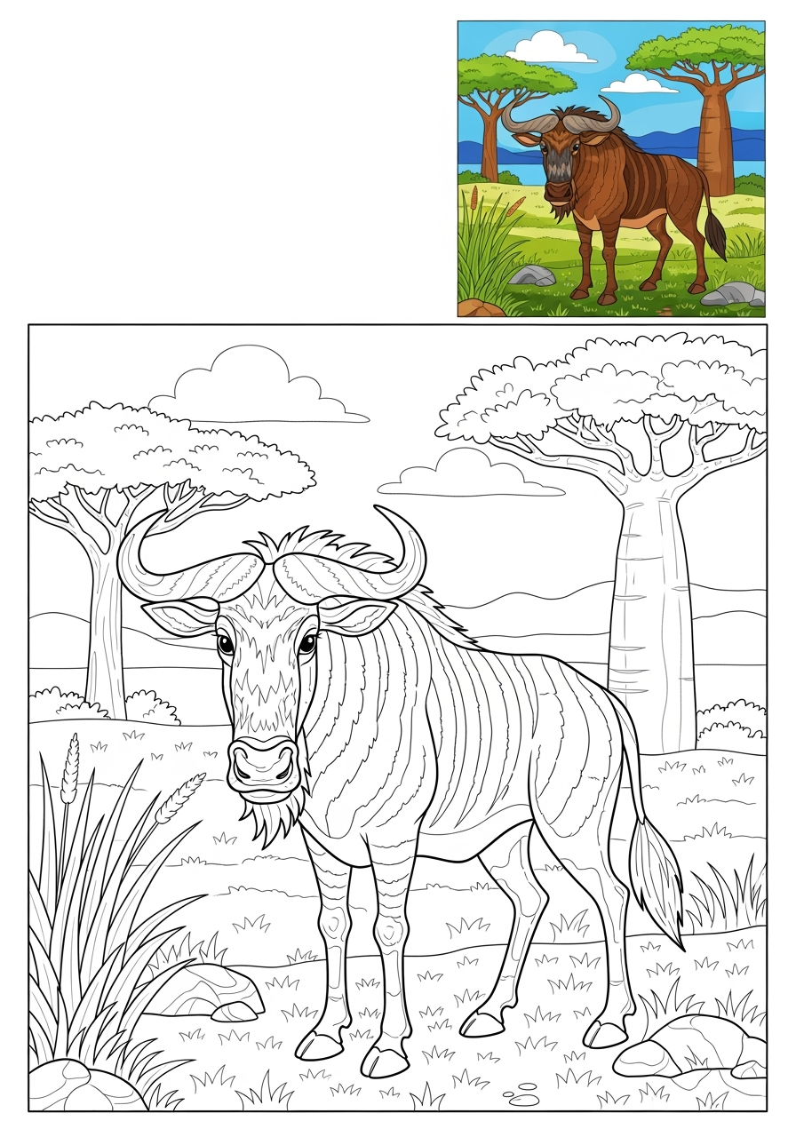 advanced animals 아프리카 야생동물 wildbeest kids coloring page 1