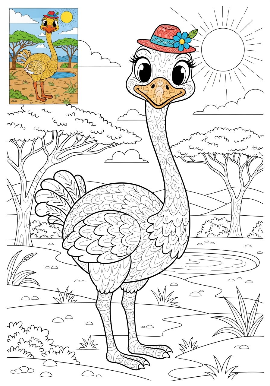advanced animals Arctic/Polar & Unique Birds/Marsupials ostrich kids coloring page 1
