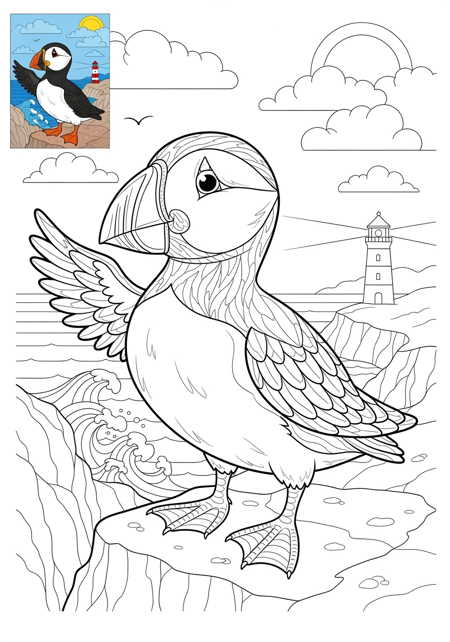 advanced animals Arctic/Polar & Unique Birds/Marsupials puffin kids coloring page 1