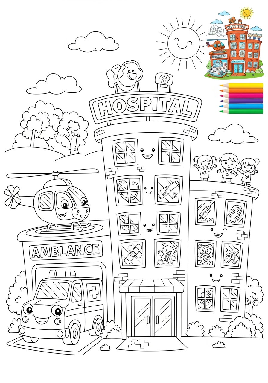 advanced buildings and places Community Buildings hospital kids coloring page 0