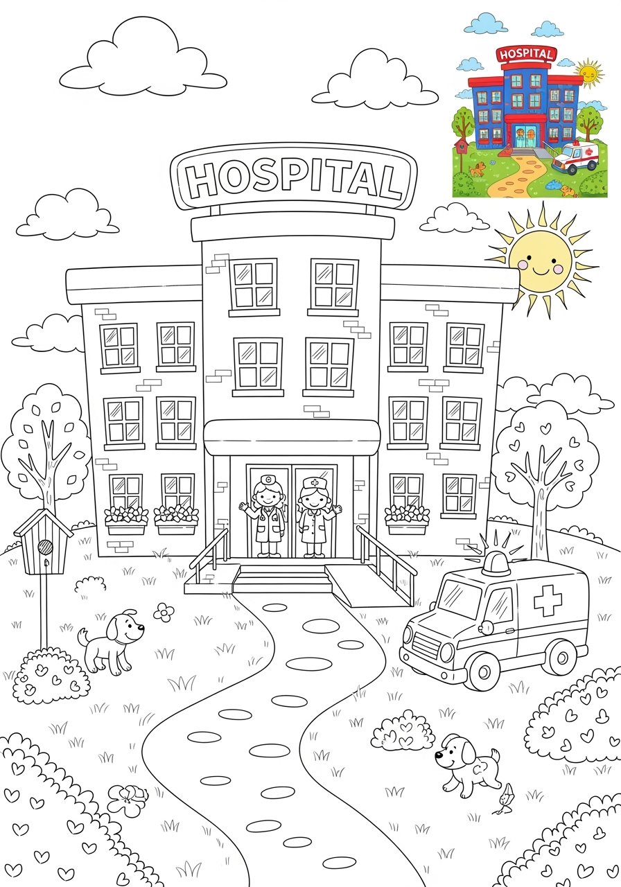 advanced buildings and places Community Buildings hospital kids coloring page 1