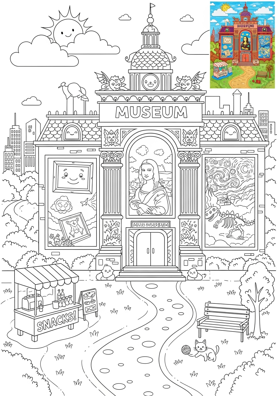 advanced buildings and places Community Buildings museum kids coloring page 1