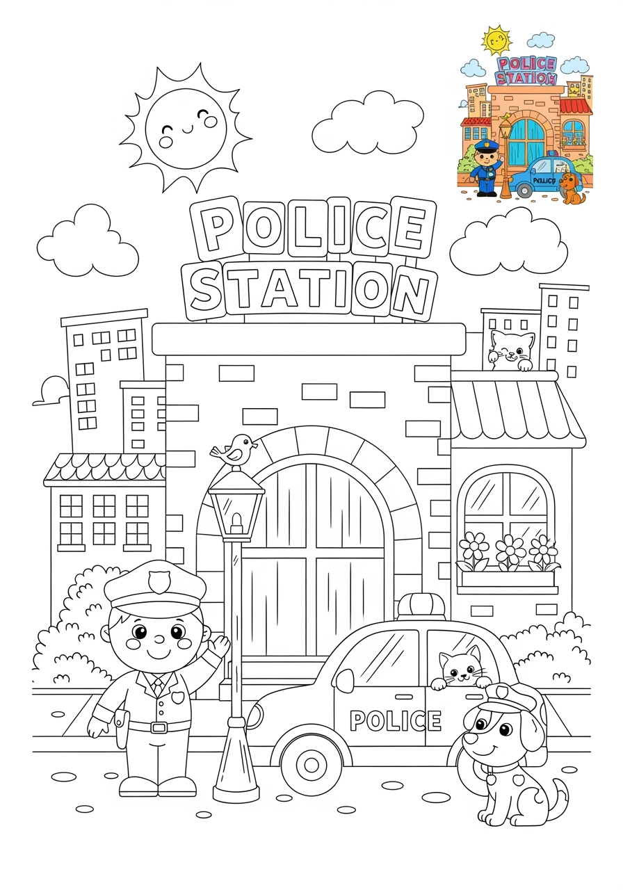 advanced buildings and places Community Buildings police station kids coloring page 0