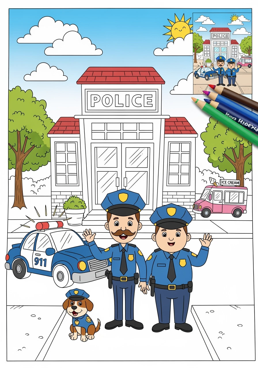 advanced buildings and places Community Buildings police station kids coloring page 1