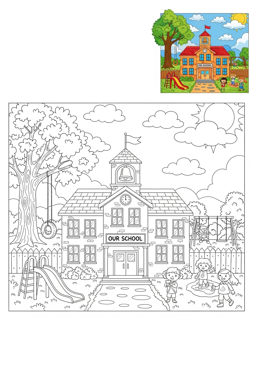 advanced buildings and places Community Buildings school kids coloring page 1