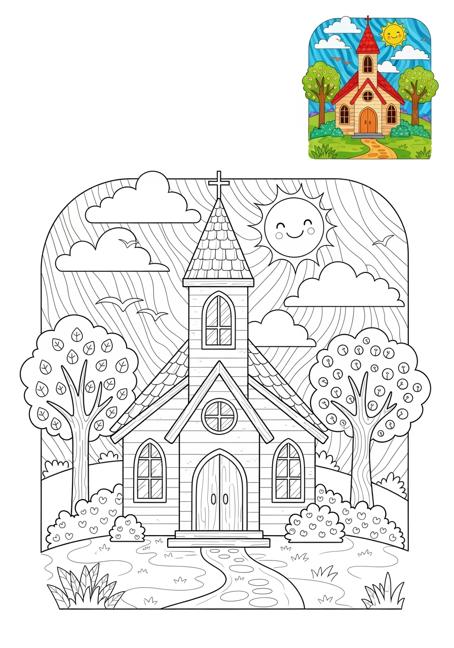 advanced buildings and places Landmarks church kids coloring page 0