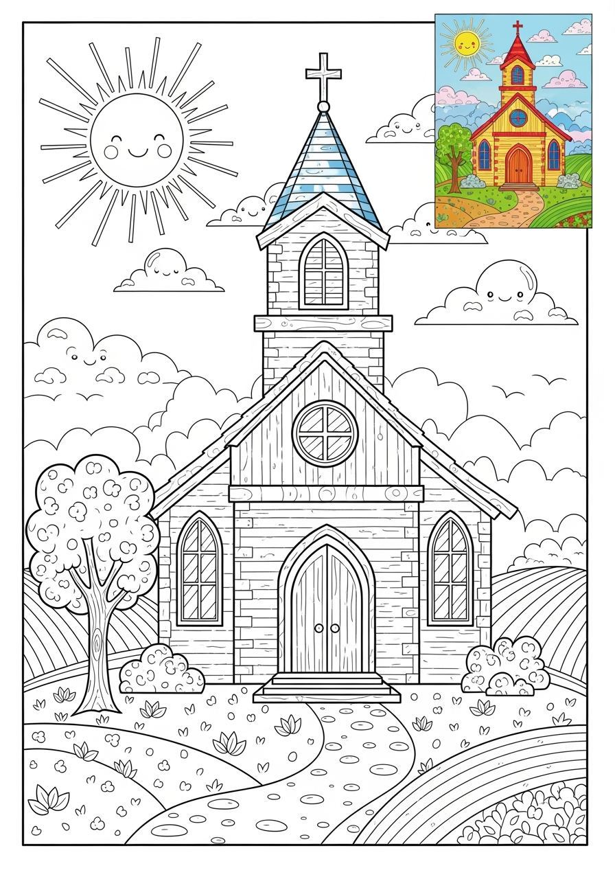 advanced buildings and places Landmarks church kids coloring page 1