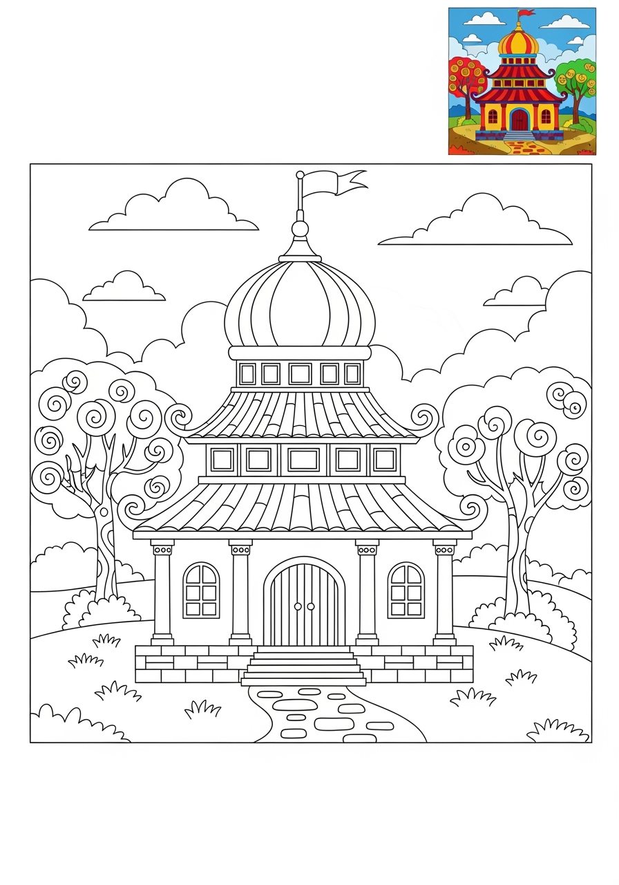 advanced buildings and places Landmarks temple kids coloring page 1