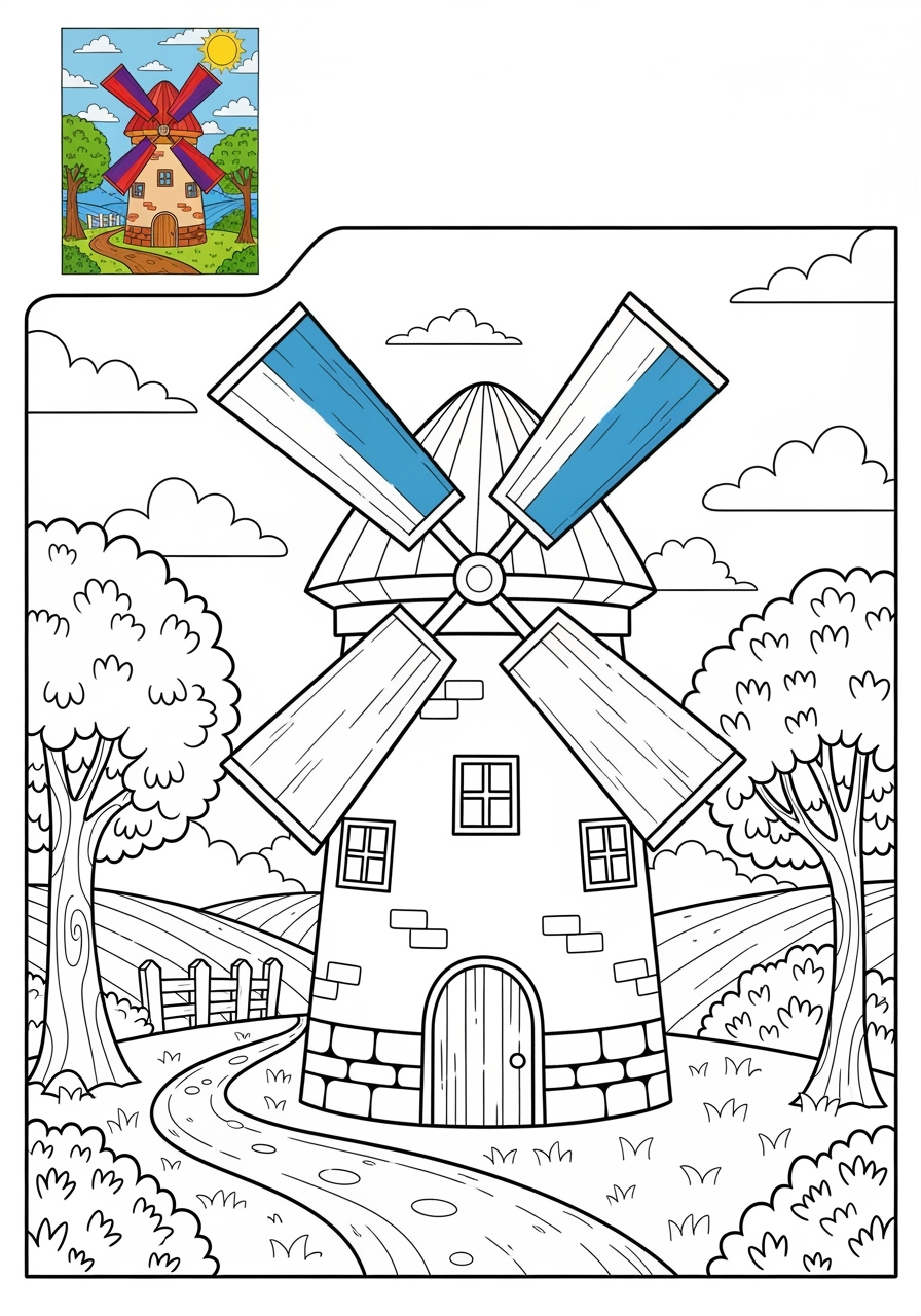 advanced buildings and places Landmarks windmill kids coloring page 1