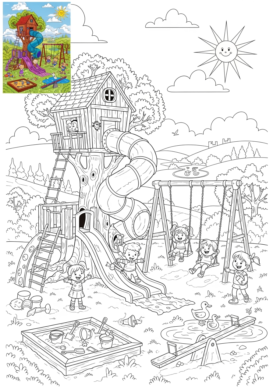 advanced buildings and places Play & Fun playground kids coloring page 1