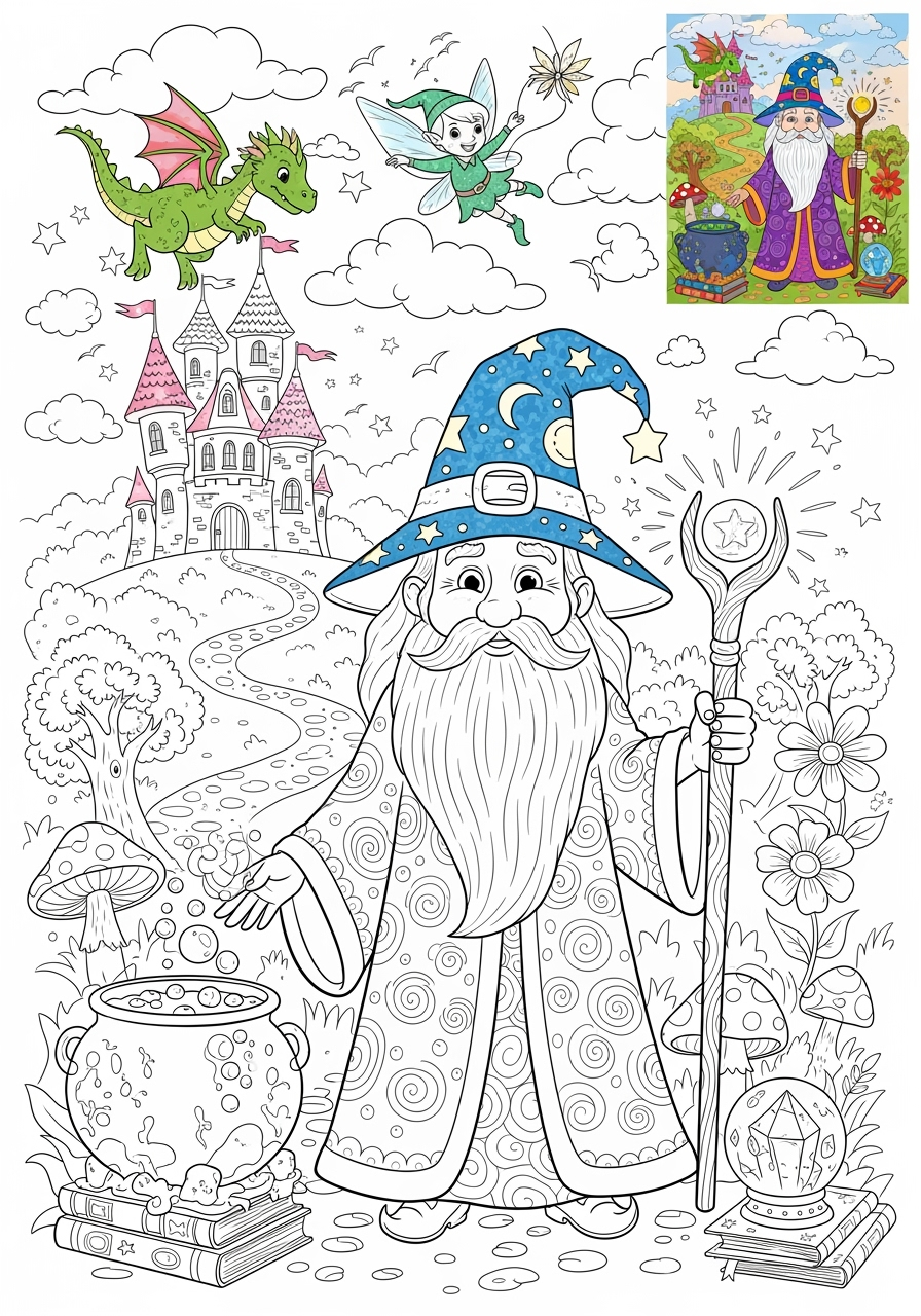 advanced fantasy and fairy tales Characters wizard kids coloring page 0