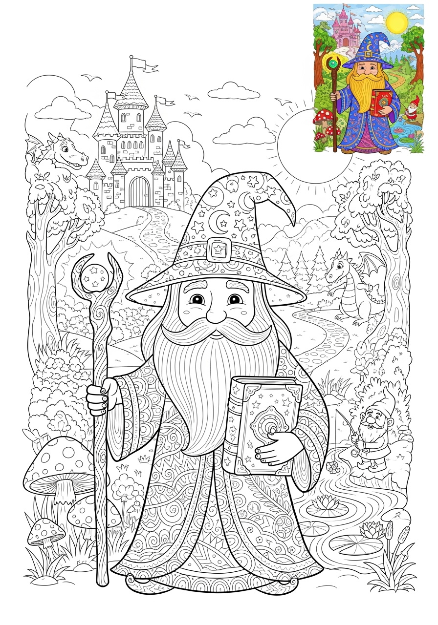 advanced fantasy and fairy tales Characters wizard kids coloring page 1