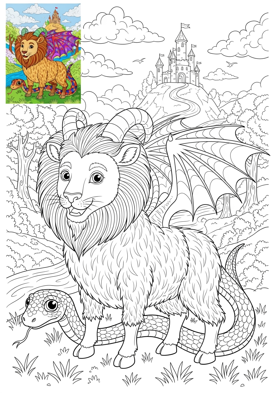 advanced fantasy and fairy tales Creatures chimera kids coloring page 1