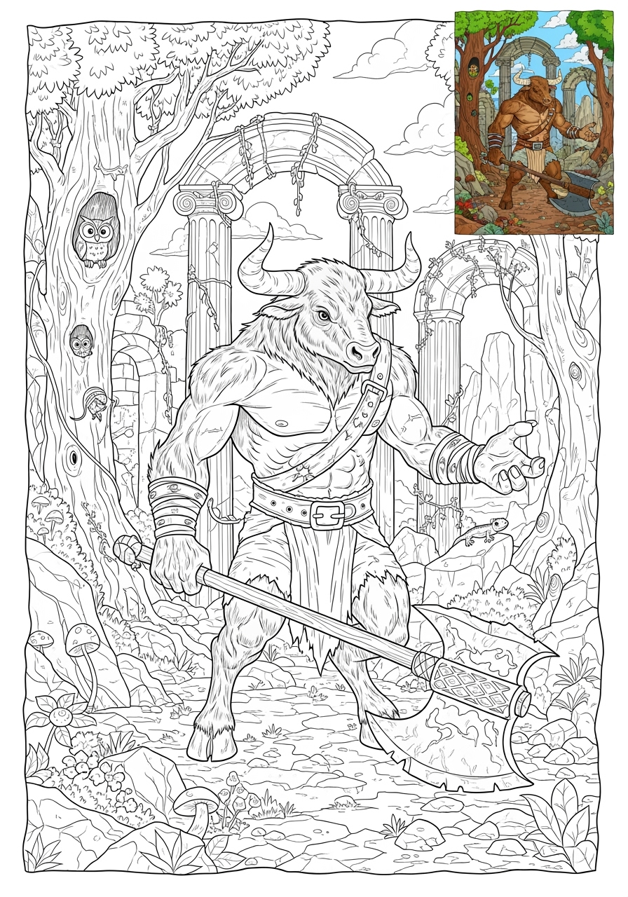 advanced fantasy and fairy tales Creatures minotaur kids coloring page 0