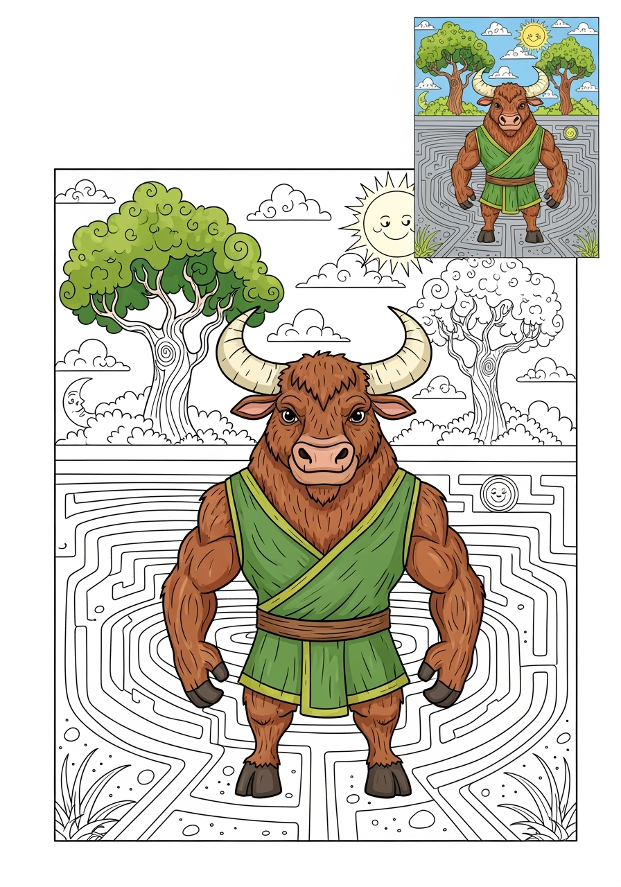 advanced fantasy and fairy tales Creatures minotaur kids coloring page 1
