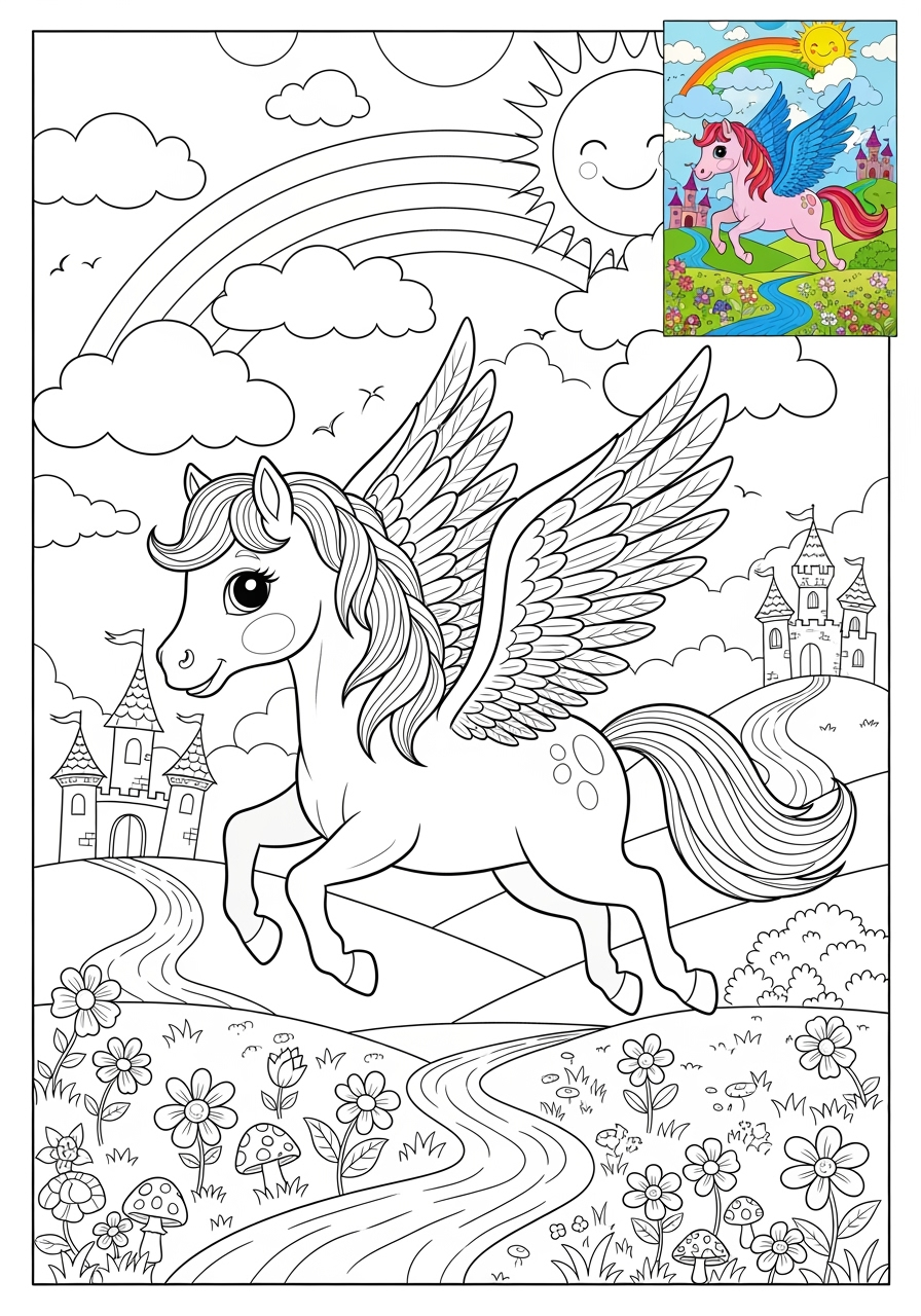 advanced fantasy and fairy tales Creatures pegasus kids coloring page 1