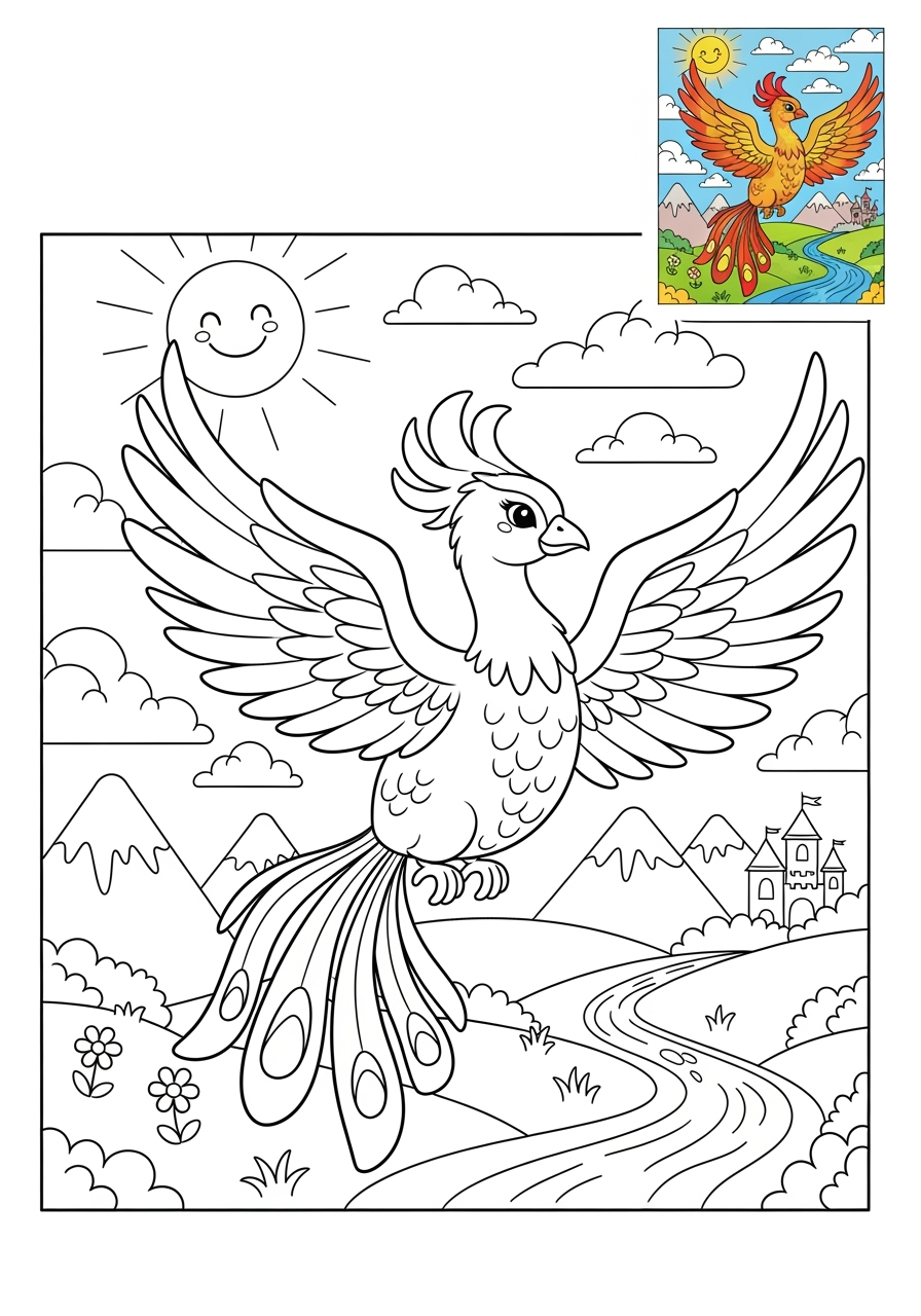 advanced fantasy and fairy tales Creatures phoenix kids coloring page 0