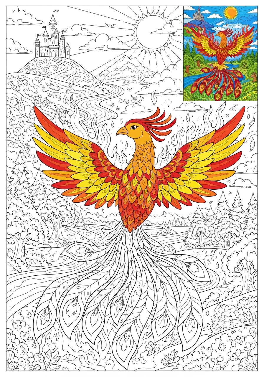 advanced fantasy and fairy tales Creatures phoenix kids coloring page 1