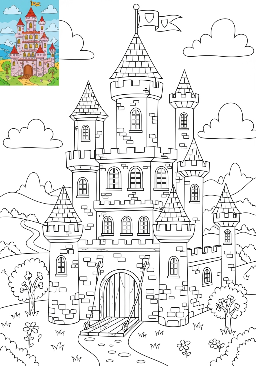 advanced fantasy and fairy tales Magic & Objects castle kids coloring page 0