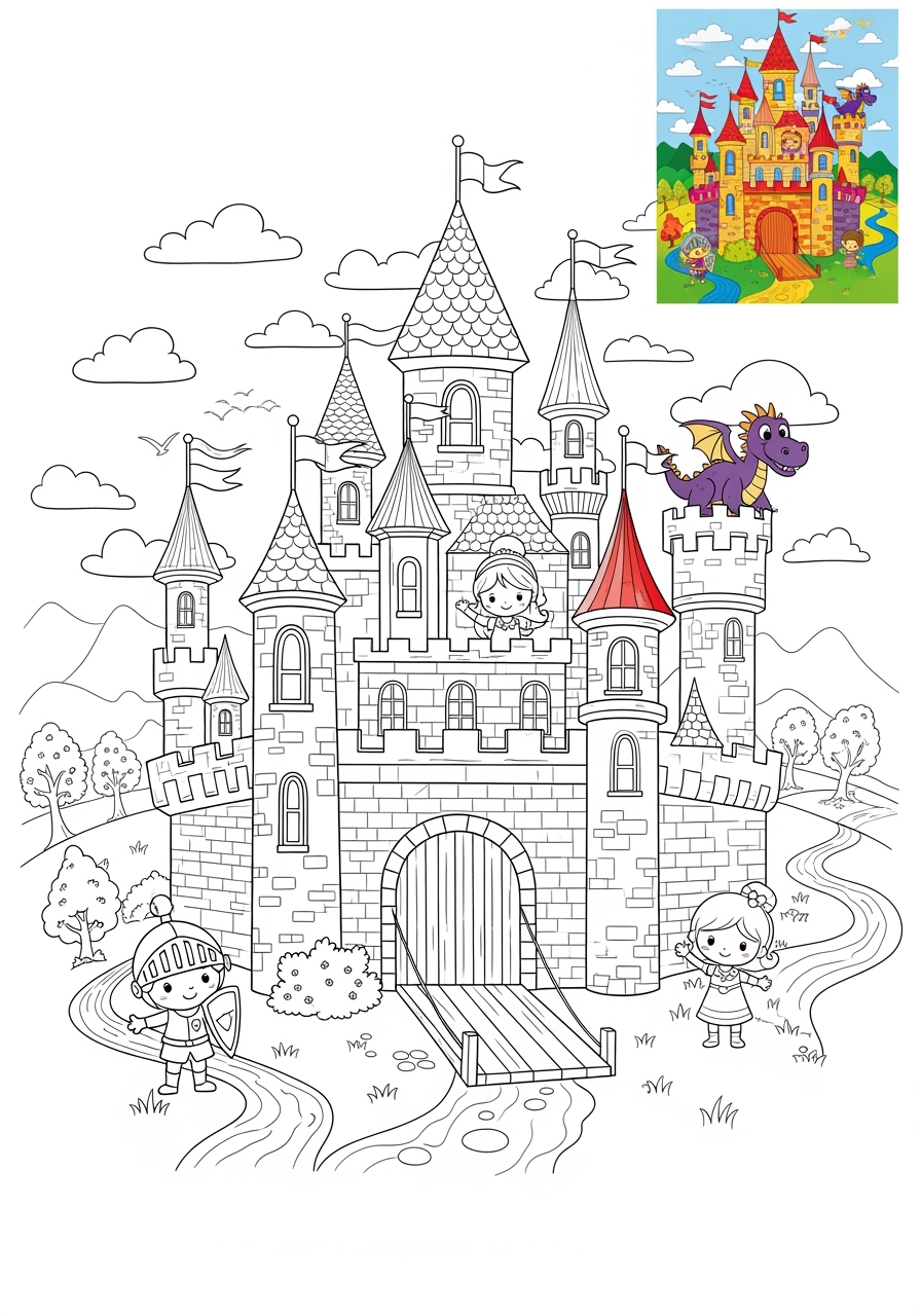 advanced fantasy and fairy tales Magic & Objects castle kids coloring page 1