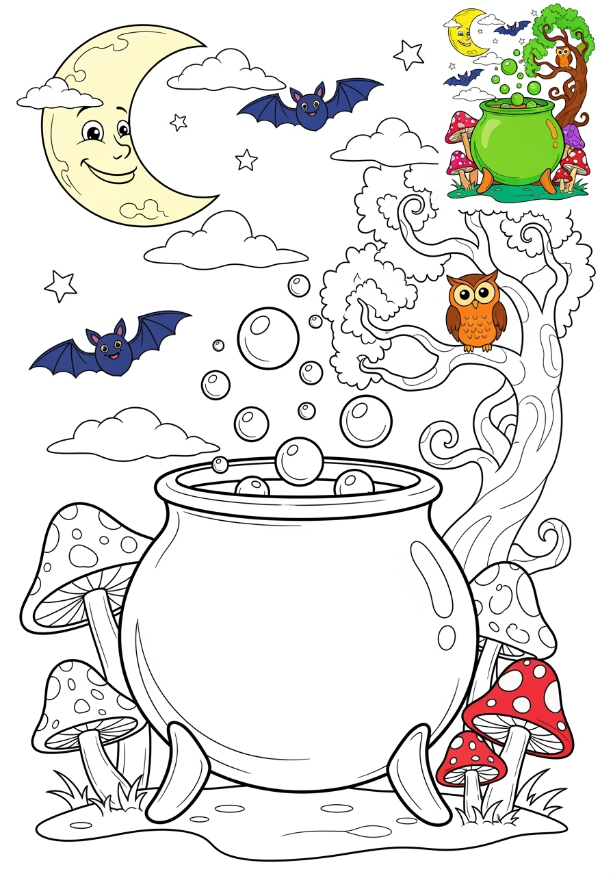 advanced fantasy and fairy tales Magic & Objects cauldron kids coloring page 0