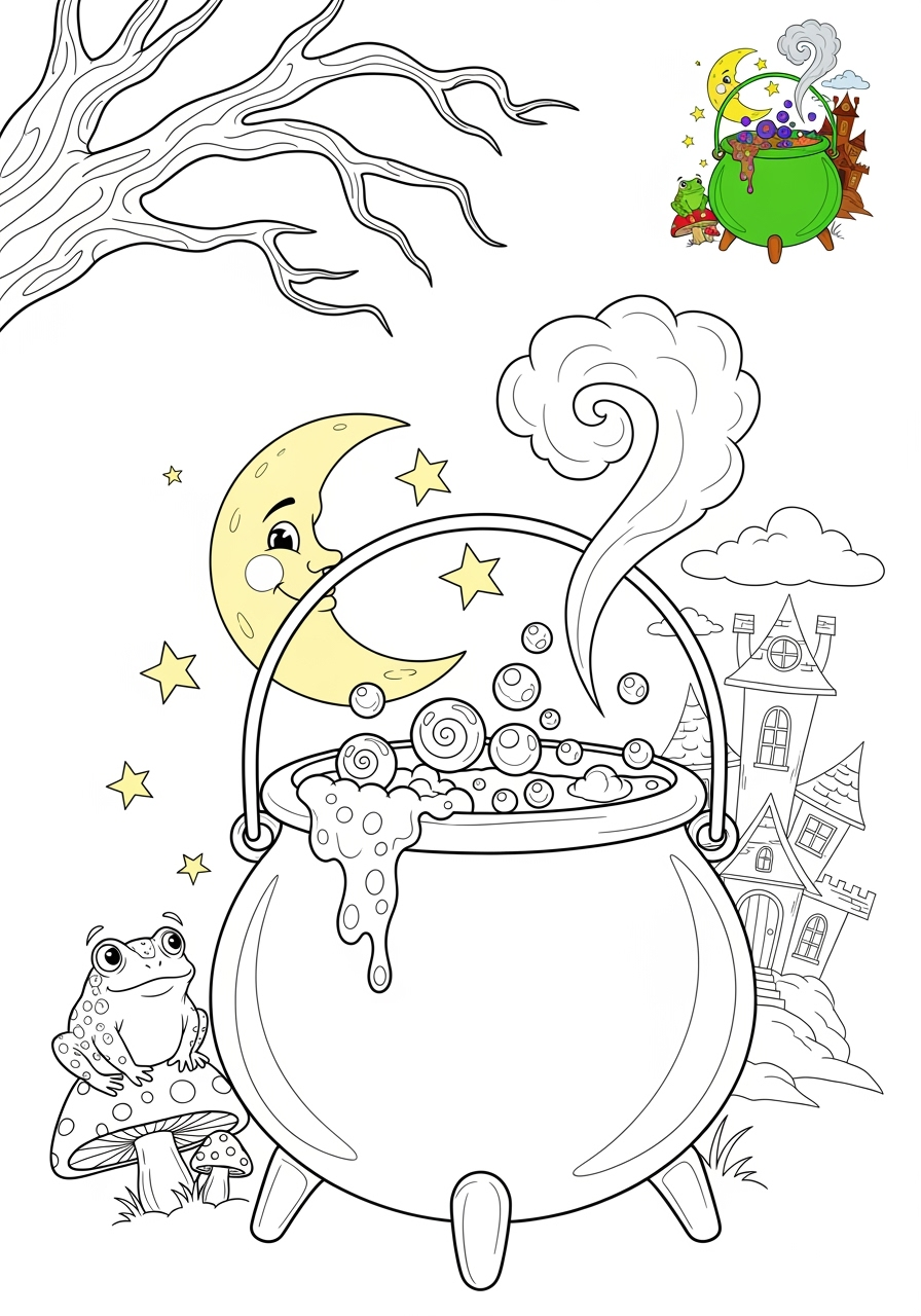 advanced fantasy and fairy tales Magic & Objects cauldron kids coloring page 1
