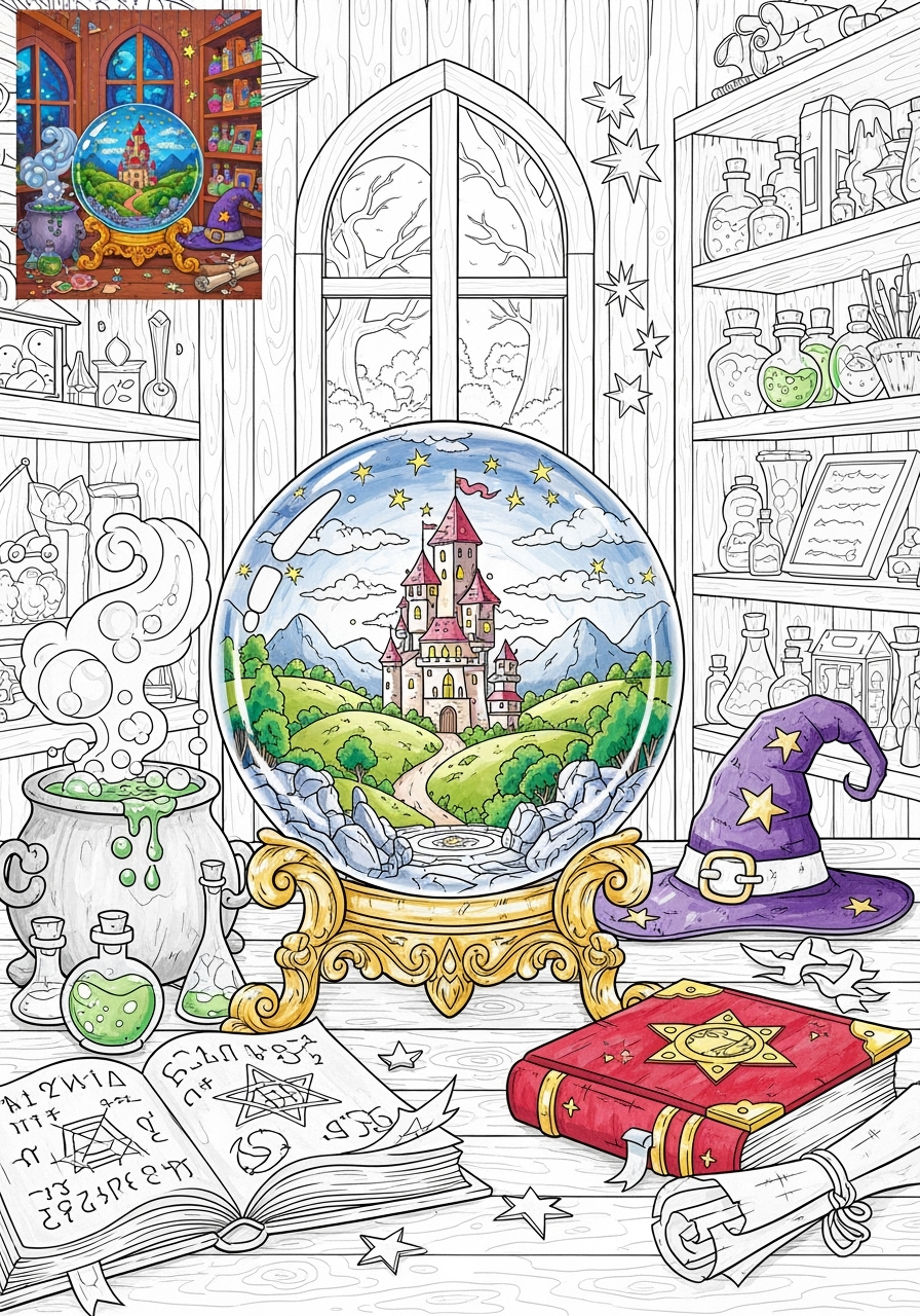 advanced fantasy and fairy tales Magic & Objects crystal ball kids coloring page 1
